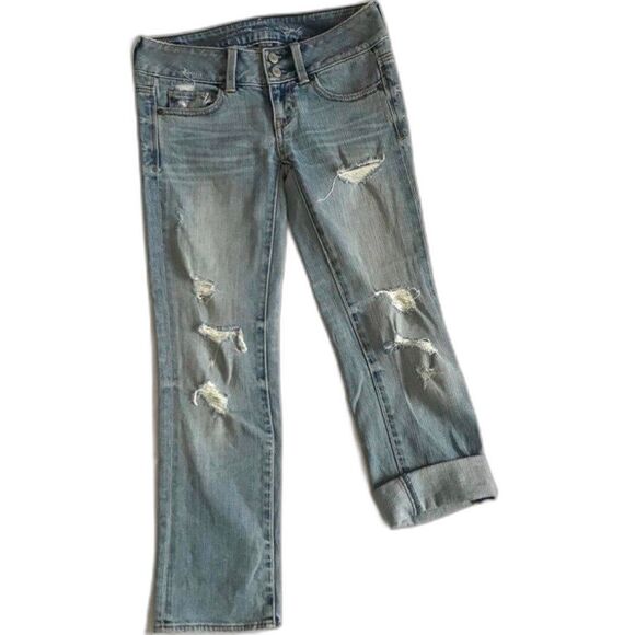 American Eagle Artist Stretch Crop Jeans Distressed Destroyed Sz 00 Low Rise AEO - Picture 1 of 9